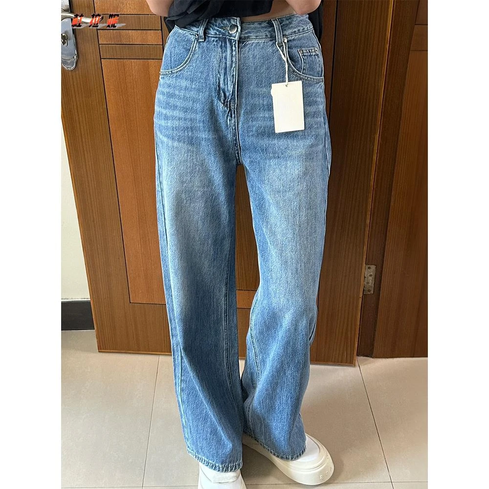 杜拉妮复古蓝直筒牛仔裤女士初秋新款胖mm高腰遮胯梨形身材阔腿裤