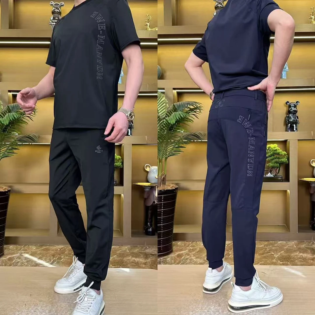 A06夏季冰丝高弹套装舒适字母透气速干男士【短袖+裤子】两件套