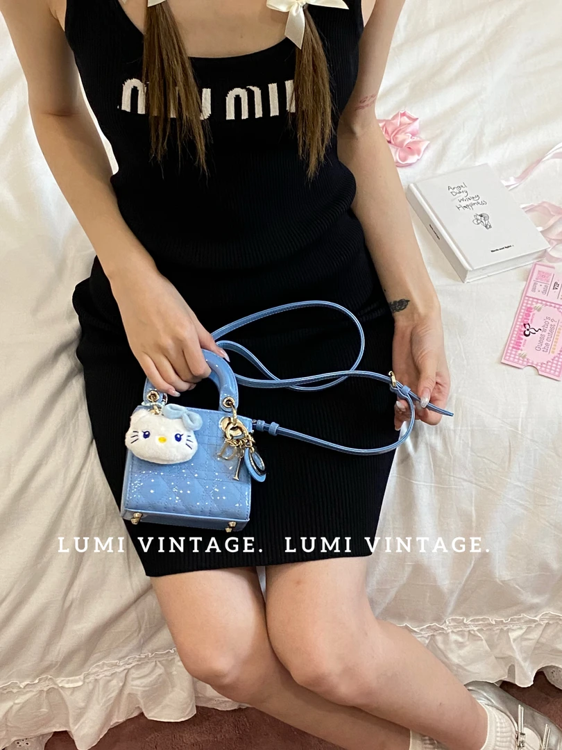 95新 DIOR/迪奥 戴妃三格mini天蓝色金扣单肩包80442317