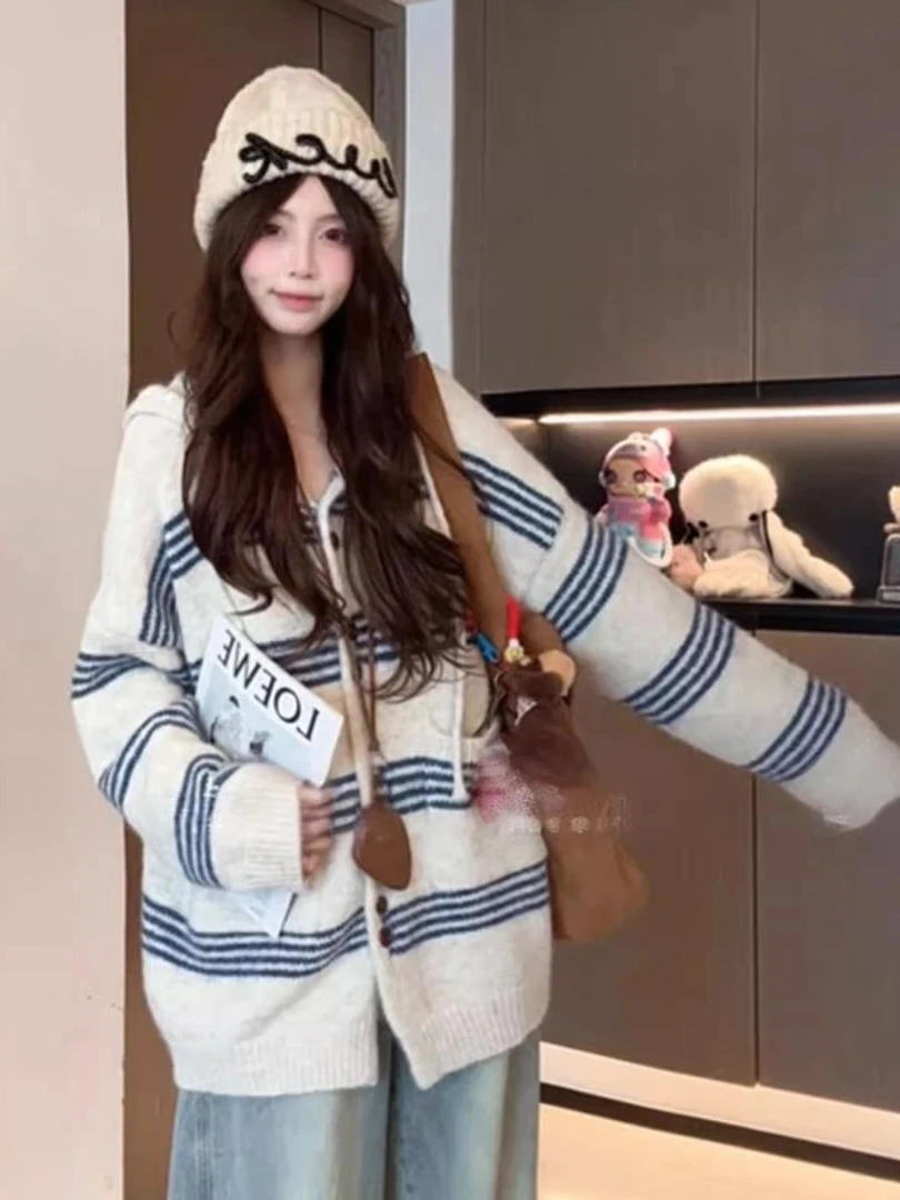 2025春秋新款韩版宽松慵懒风条纹针织开衫女毛衣百搭显瘦连帽外套