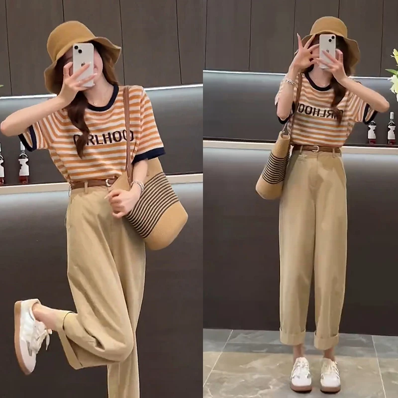 文艺时尚减龄通勤条纹T恤裤子两件套女2025春夏季新款洋气套装潮