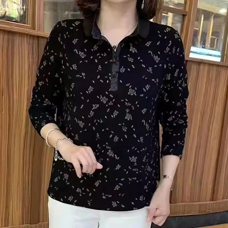 中老年女装秋季新款碎花妈妈打底衫立领休闲长袖洋气时尚气质宽松