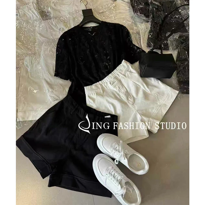 JING2025夏季新款91001牛仔短裤松紧腰女士显瘦百搭裤韩版休闲裤