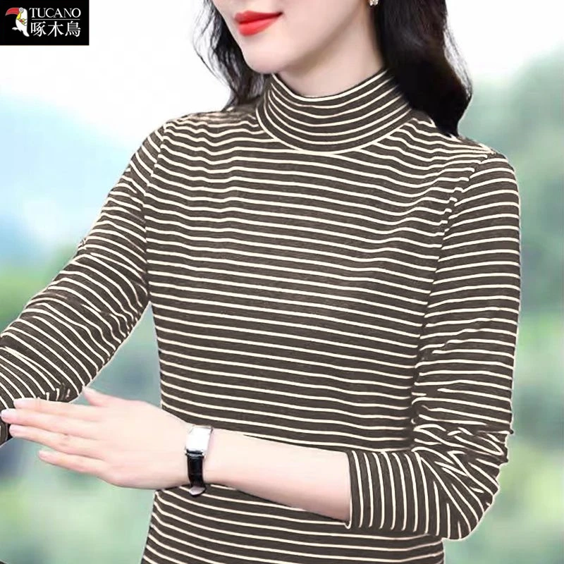 啄木鸟条纹遮肉显瘦上衣新款妈妈装冬季德绒保暖长袖半高领t恤女