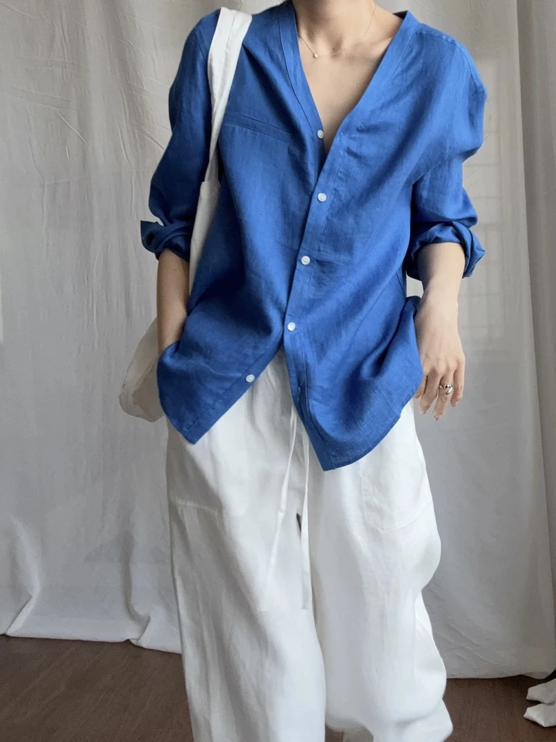春夏简约长袖衬衫女V领开扣休闲百搭上衣S86