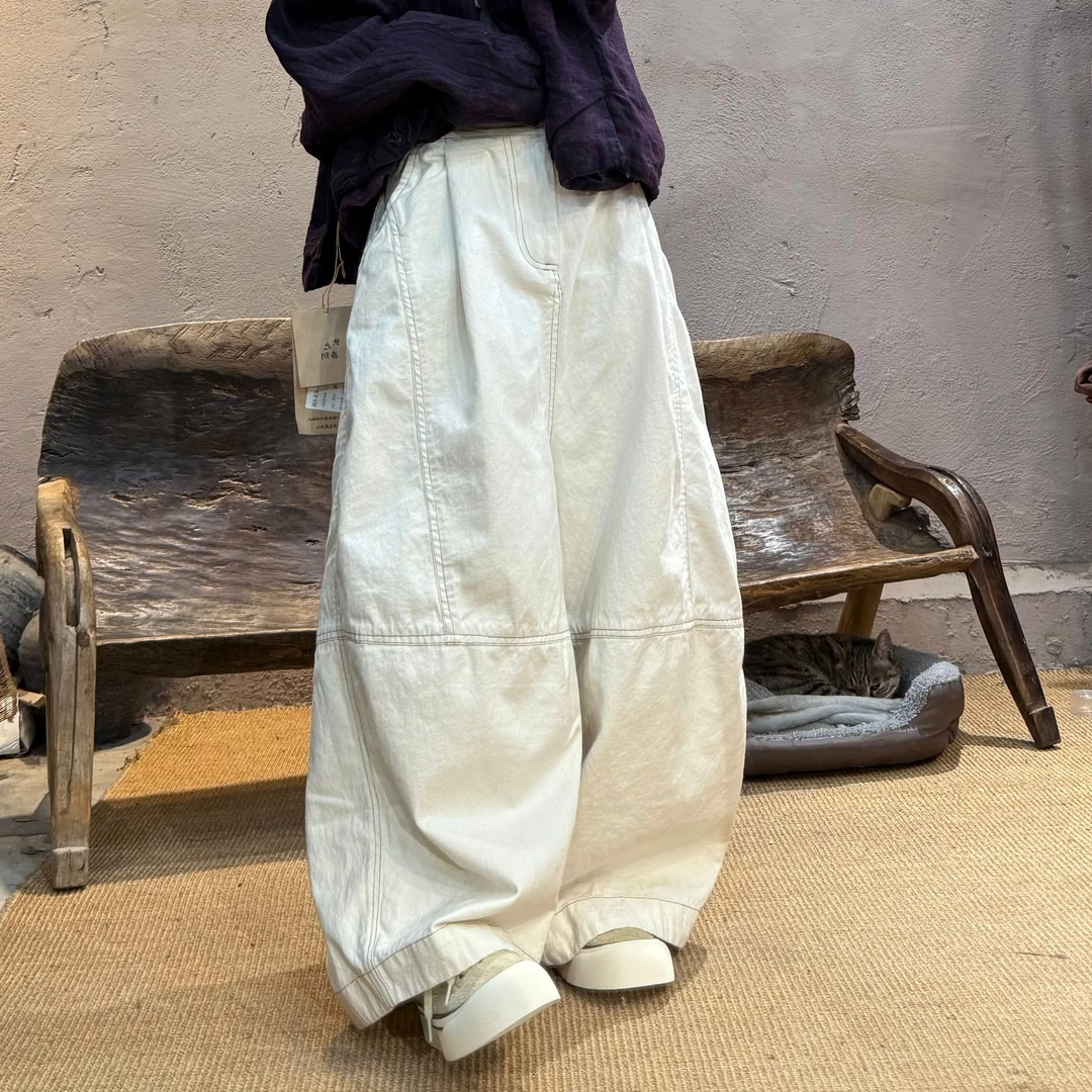 8698春季色织亚麻混纺宽松复古文艺休闲裤随性百搭阔腿直筒长裤女