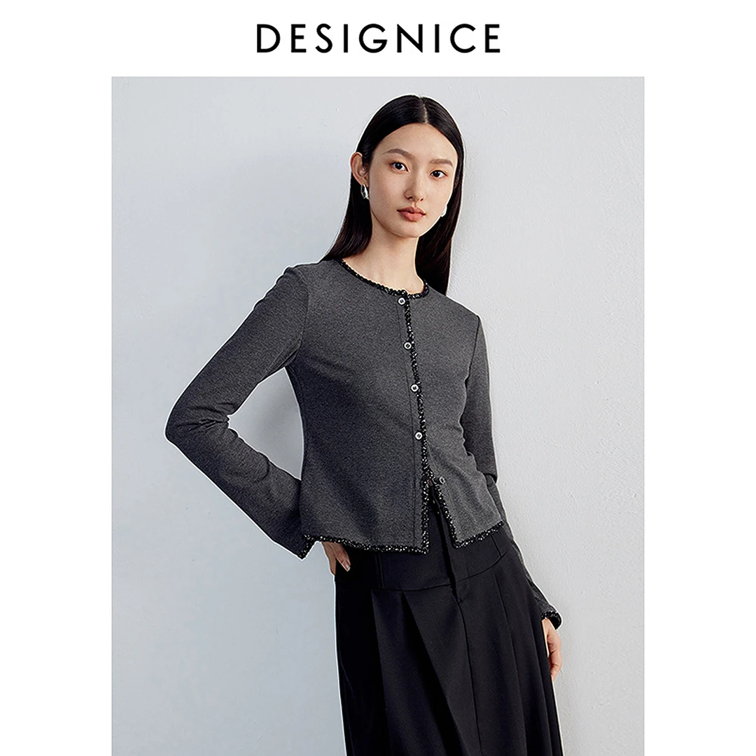 迪赛尼斯春秋气质格雷系深灰开衫上衣长袖圆领T恤女