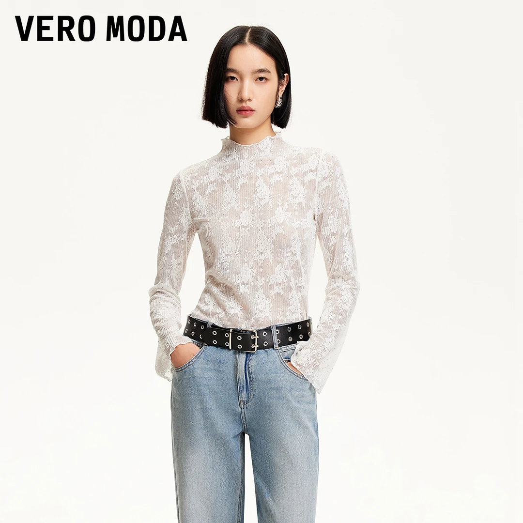 Vero ModaT恤女洋气【轻盈钻光】烫钻镂空蕾丝微喇袖325102021