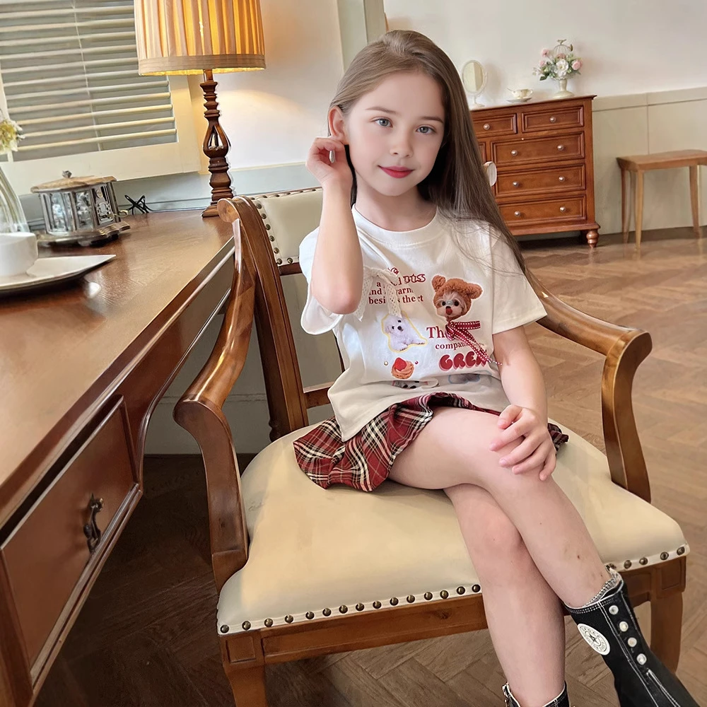 女童纯棉a类上衣蝴蝶结小狗短袖女t恤夏季儿童印花上衣时尚休闲