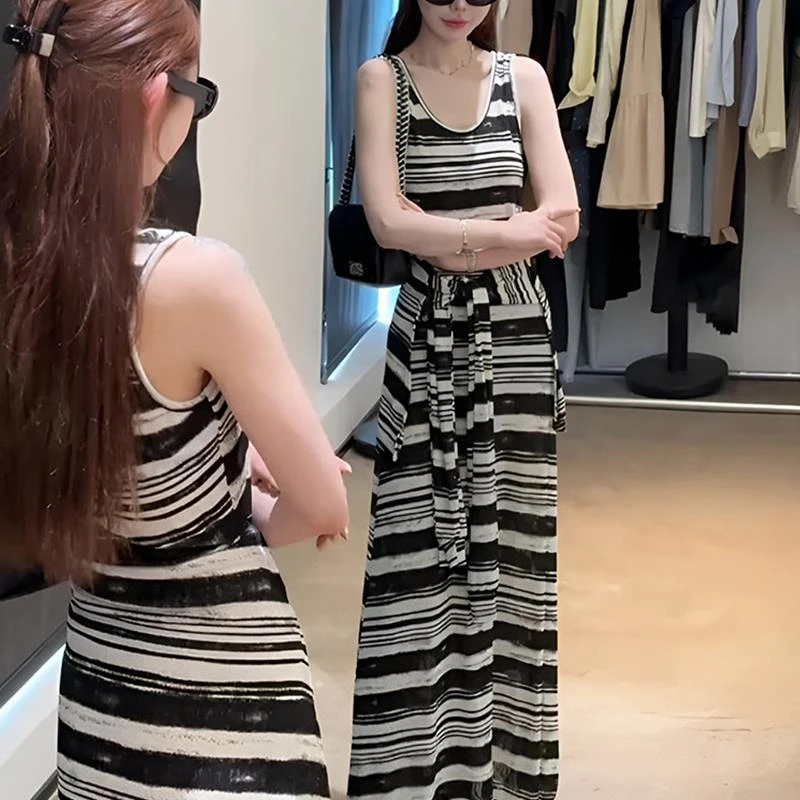 【 吸引力法则】 撞色条纹绑带连衣裙夏季纯欲辣妹收腰显瘦包臀长裙