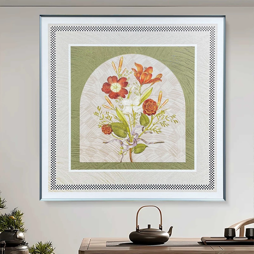 D4艺术花朵餐厅画立体微雕手工烫金肌理客厅餐厅百搭挂画70*70