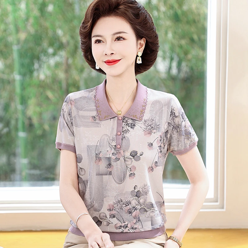 妈妈装夏装冰丝短袖T恤小衫中老年女装翻领针织上衣薄款打底衫女