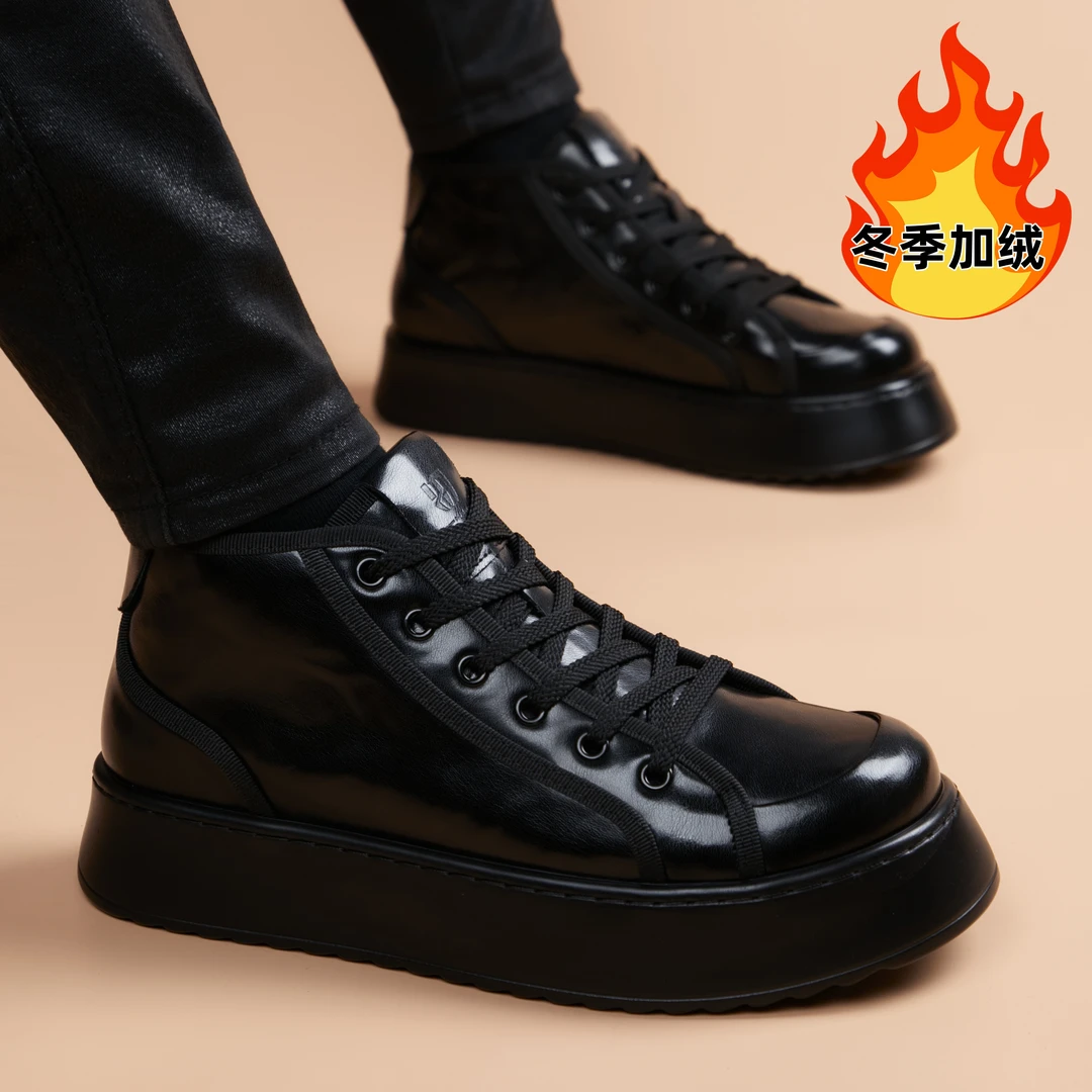 新款冬季加绒中邦系带马丁靴黑色百搭男士工装靴大绒保暖增高男鞋