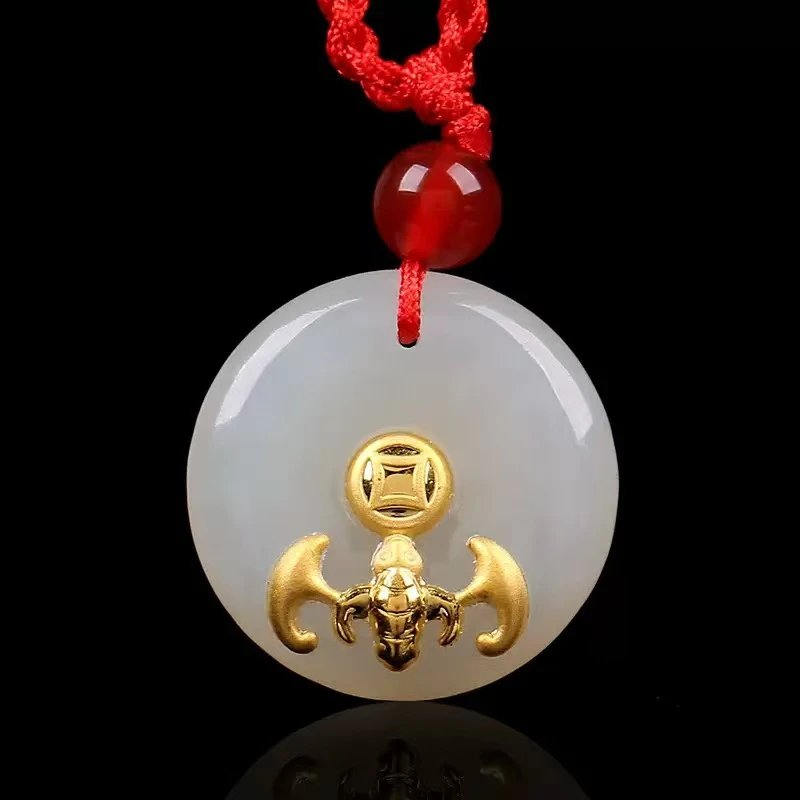 金镶玉吊坠天然新疆和田玉镶金挂件福在眼前平安扣玉坠福气运颈饰