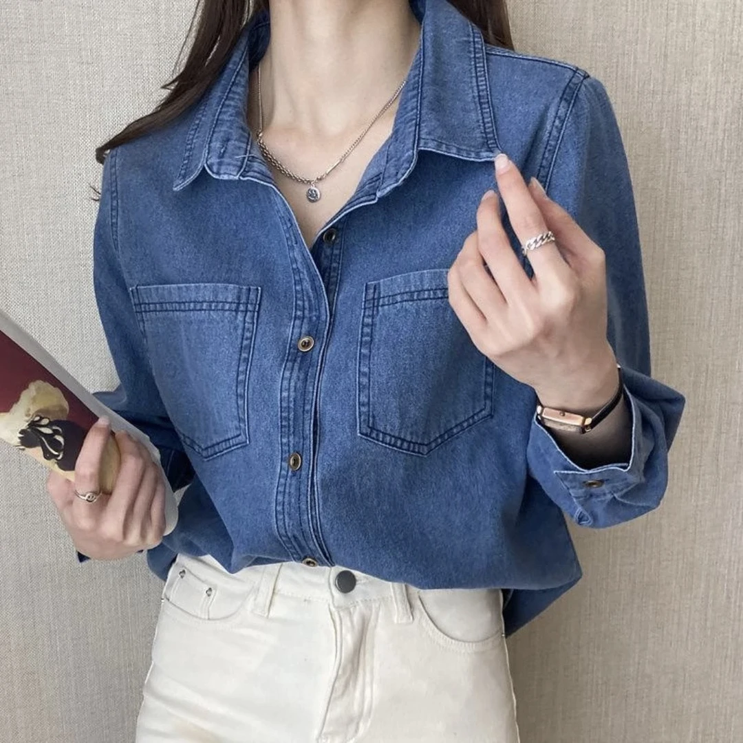 6005 复古牛仔衬衫女港味设计感长袖衬衣显瘦（LZZ75）