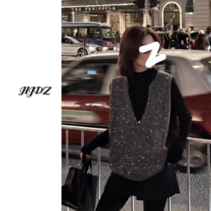 韩国东大门韩代细闪亮片V领毛衣马甲2025春季重工无袖针织背心