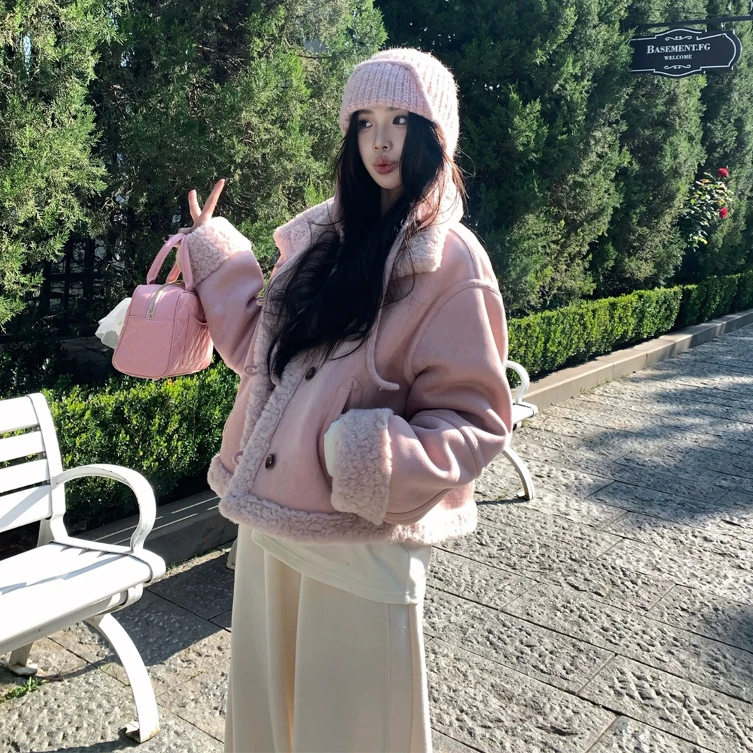 256粉色带包毛外套样衣