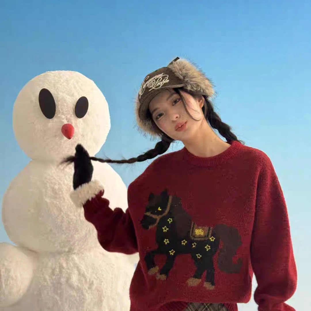 秋冬圆领小马针织衫冬季情侣百搭潮保暖毛衣(C3-11)1573（HS）