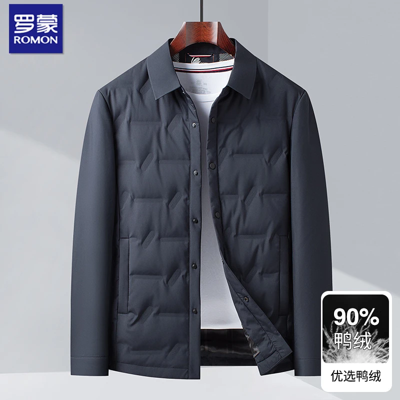 罗蒙正品羽绒服男中青年冬季男士轻薄款保暖翻领爸爸冬装衬衣外套