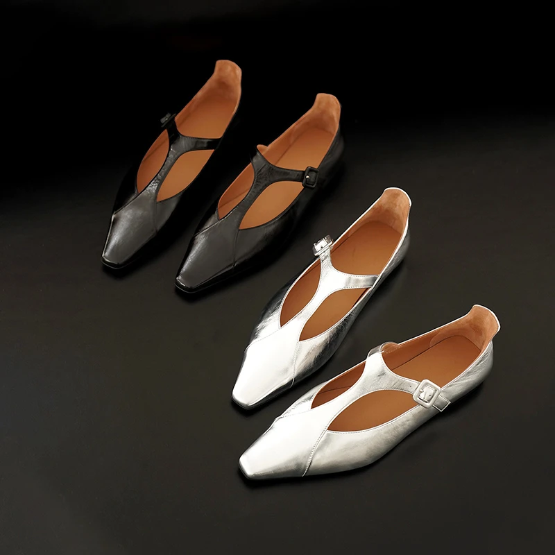 都市摩登小尖方头镂空设计感真皮时装单鞋