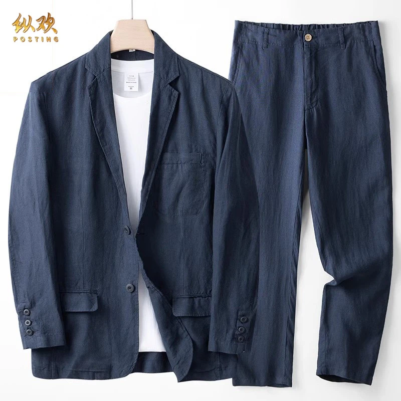 纵欢纯亚麻西服套装男春夏新款高级感休闲外套宽松青年商务西装薄