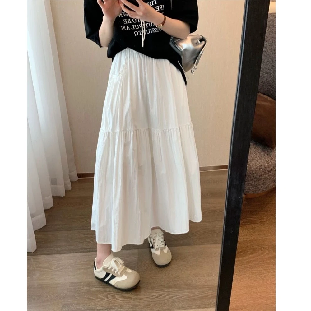 半身裙白色女高腰a字裙夏季复古百搭伞裙松紧腰遮胯显瘦a字裙A字