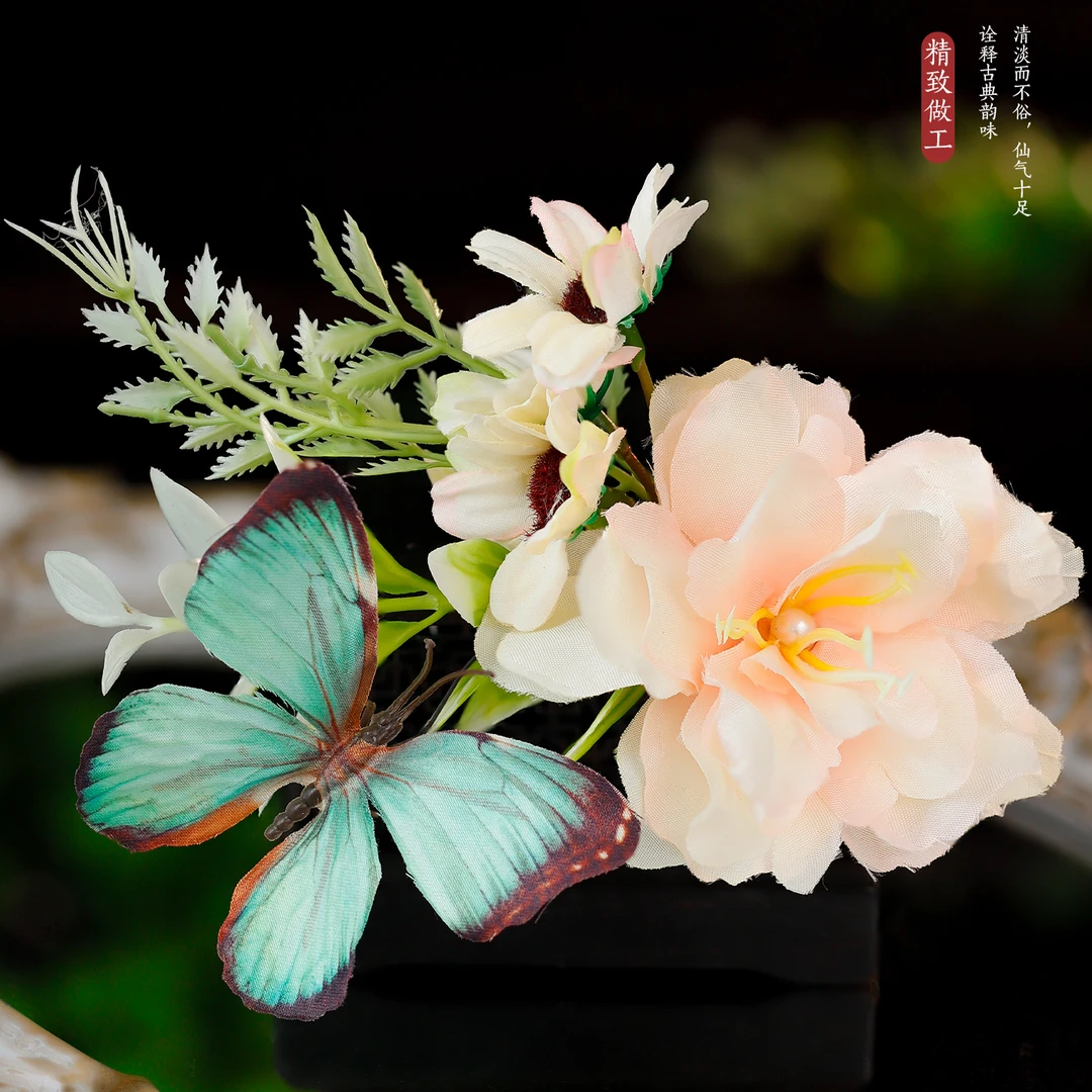 古风唐风汉服发饰百搭绿色绢花发夹头饰花朵蝴蝶边夹古装头花夹子