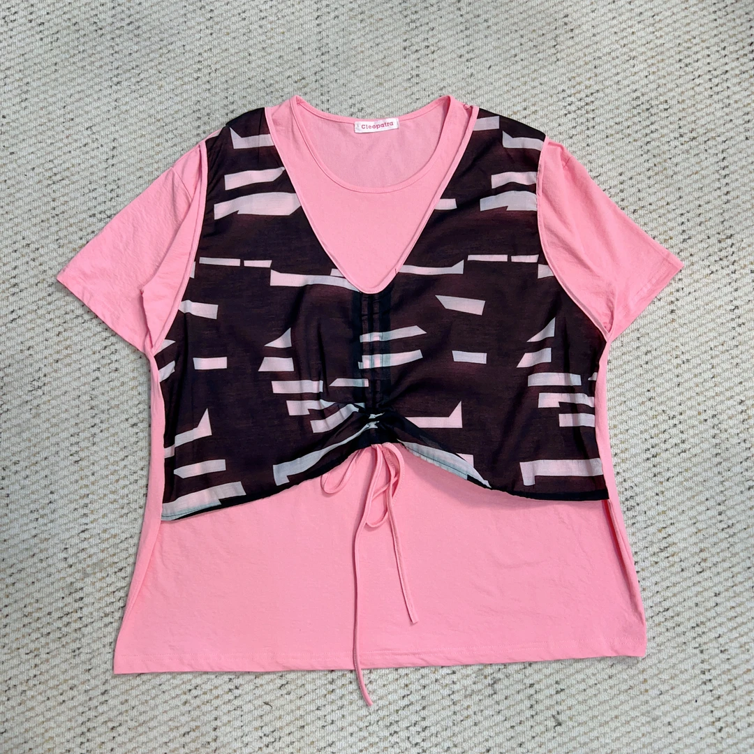 2025夏季新款宽松百搭假两件短袖T恤3558