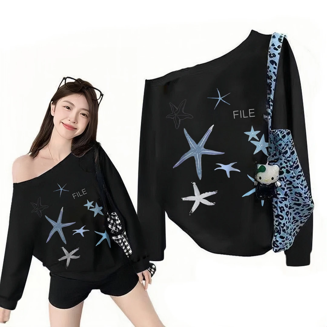 早秋季新款酷飒风高级感时尚女装休闲慵懒风露肩长袖卫衣女上衣