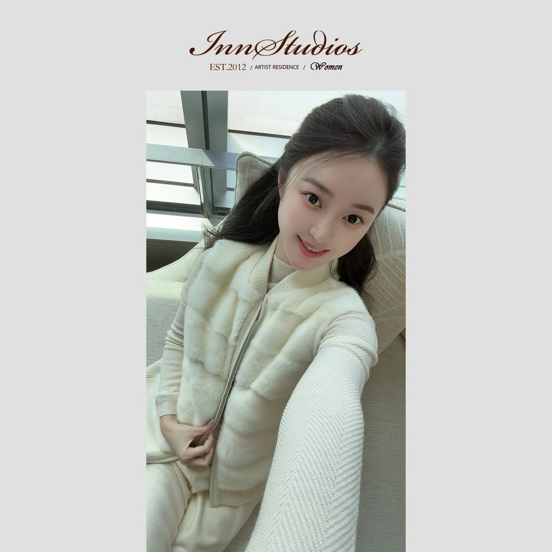 Innstudios 毛毛拼针织边拉链马甲外套