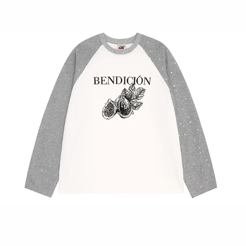 春秋季亮片设计感时尚长袖印花t恤男女大码300斤宽松圆领长袖T恤