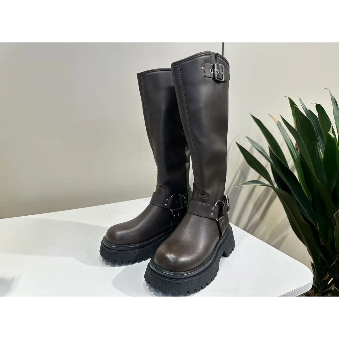 英伦风厚底长筒靴女2024新款秋冬加绒增高显瘦骑士靴B8-1526-152