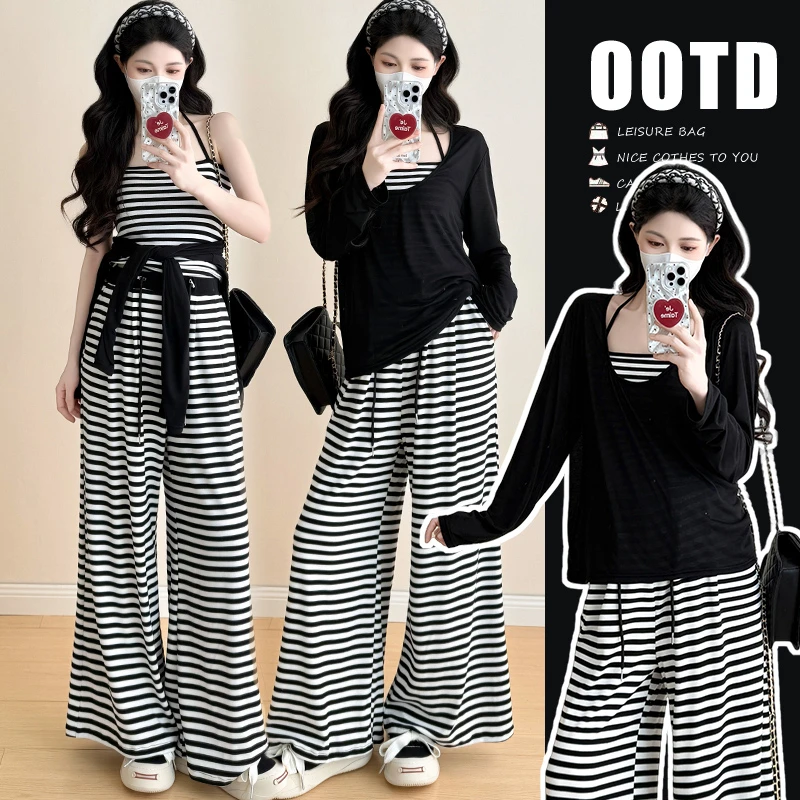 孕妇装秋季韩版时尚又酷又飒的拽姐罩衫百搭条纹阔腿裤孕妇三件套