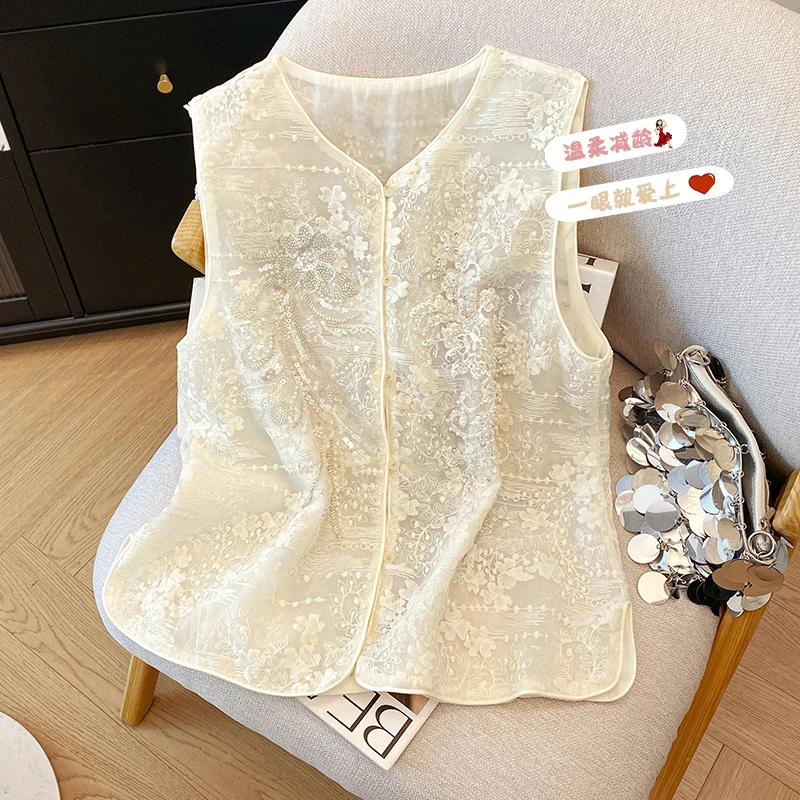 夏季薄款新中式国风马甲女时尚亮片欧根纱马夹背心无袖刺绣上衣潮