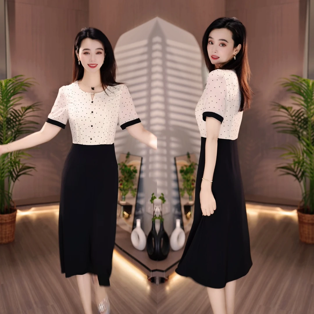 米白色波点连衣裙气质减龄优雅显瘦夏季短袖裙子拼接减龄收腰显瘦