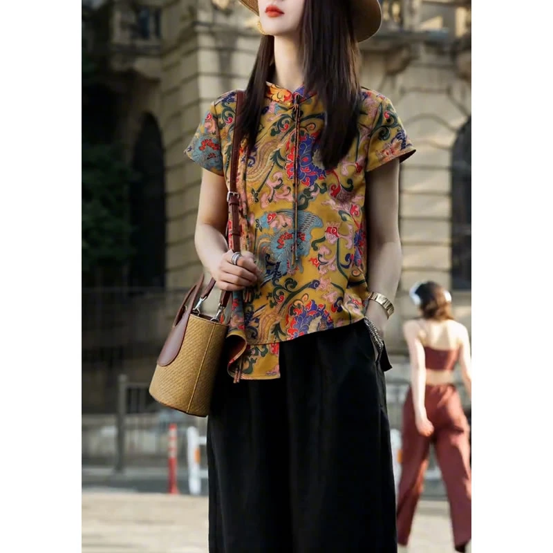 （有运费险）时尚高级感新中式国风斜襟提花短袖上衣阔腿裤洋气减龄