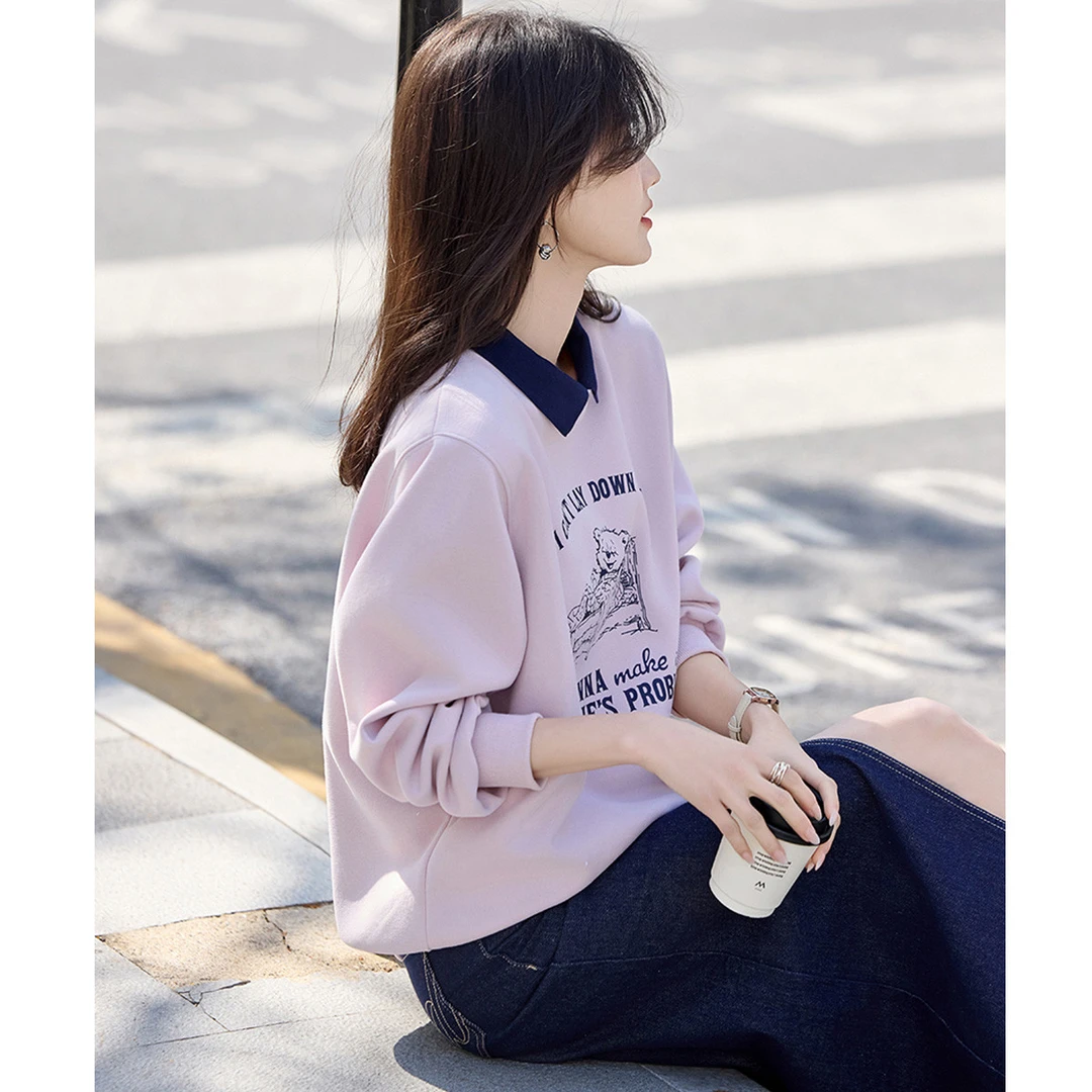 尚静少女浪漫减龄假两件上衣2025秋季新款时尚宽松polo领卫衣女