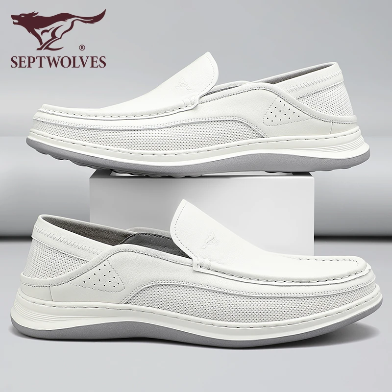 七匹狼休闲男皮鞋男士白色舒适乐福鞋透气真皮软底商务懒人一脚蹬