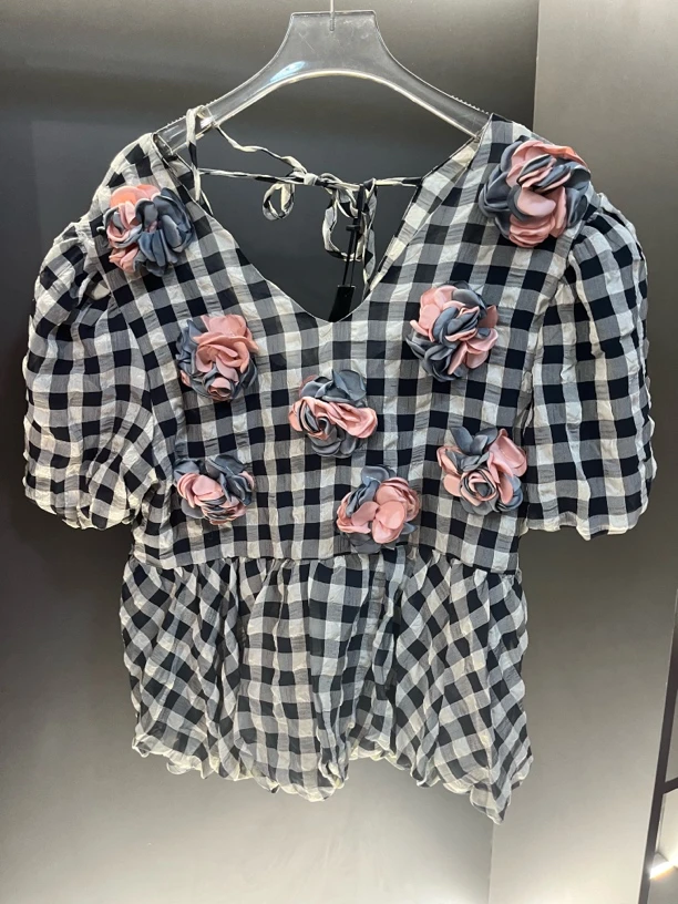 知性风短袖薄款格子抽绳中长衬衫女外搭时尚设计感上衣