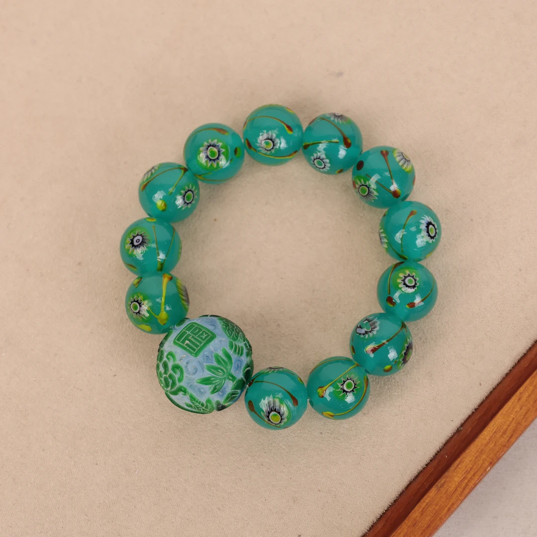 合金手链 LZ2529 蓝绿色莲花雕刻珠深蓝绿色凤眼琉璃手串