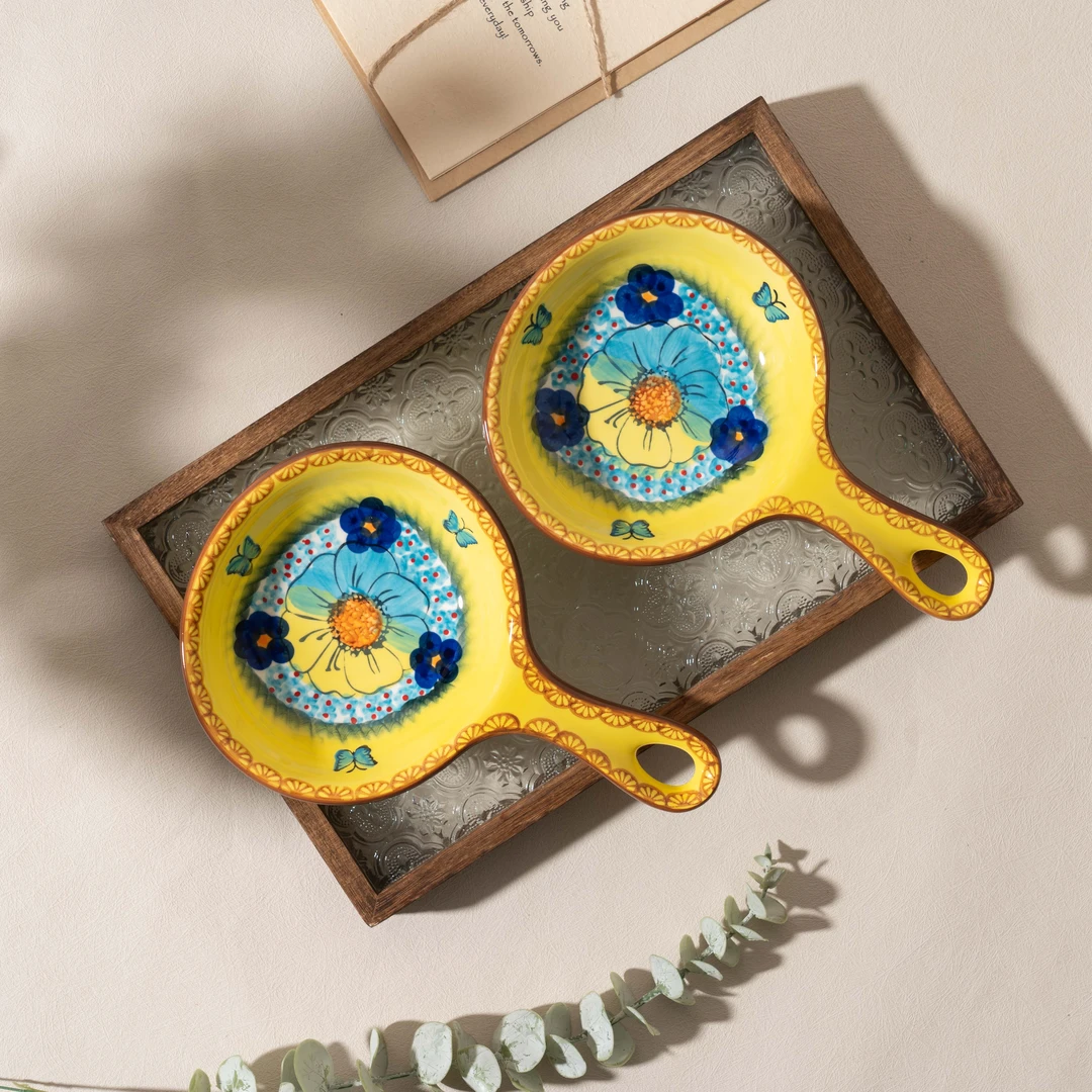 【SILESIA/出口原单】手绘琉璃黄彩-9.5英寸手把碟两个装