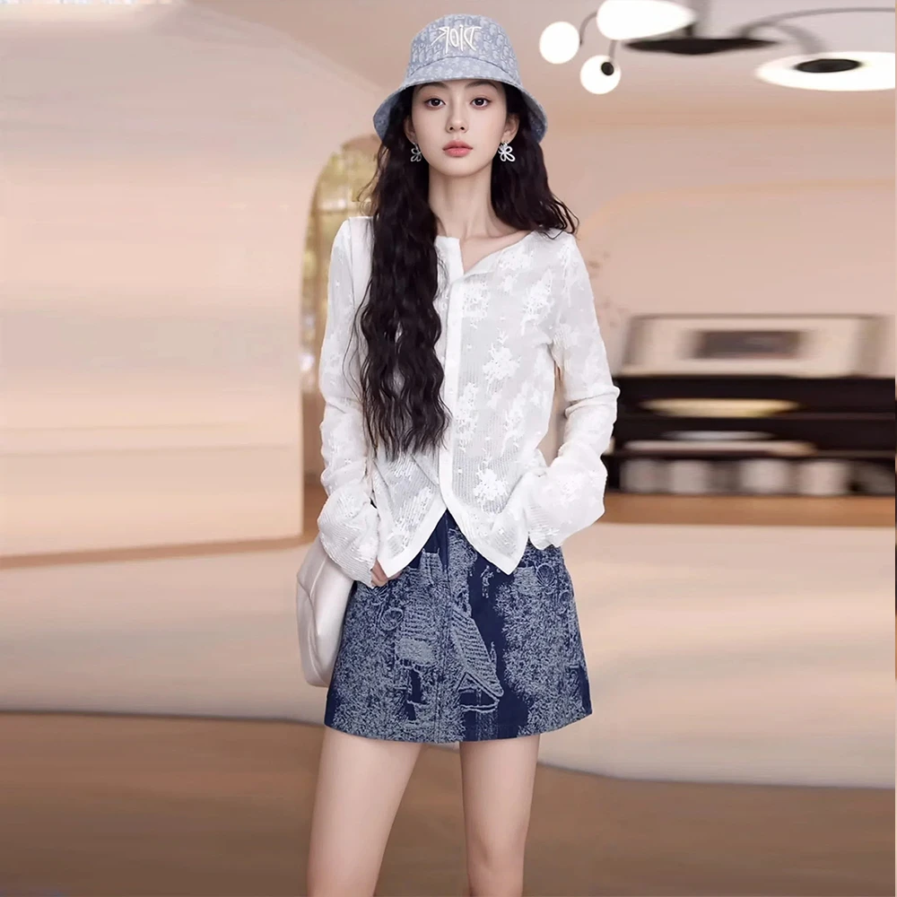 夏季新款复古高腰显瘦提花牛仔短裤裙长袖蕾丝防晒上衣女时尚套装
