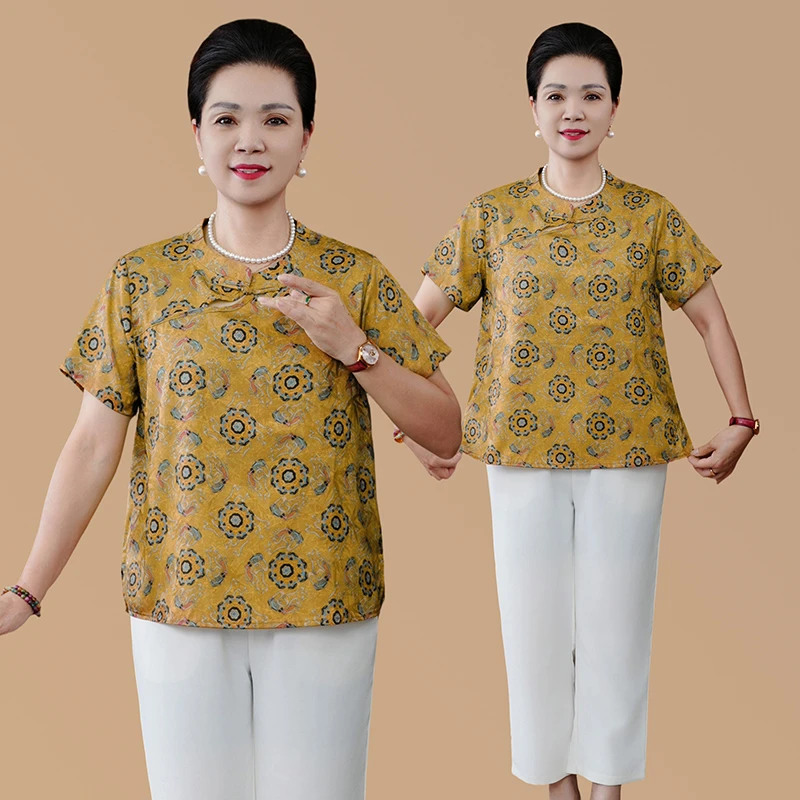 妈妈装夏装夏季新中式短袖印花盘扣T恤中老年女装妈妈装立领上衣