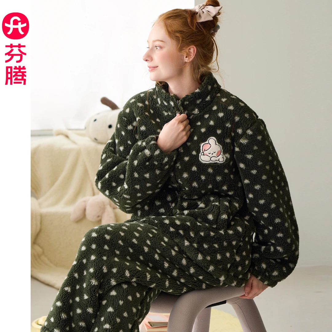 芬腾睡衣女款秋冬季珊瑚绒加绒加厚保暖圆领开衫可外穿家居服套装