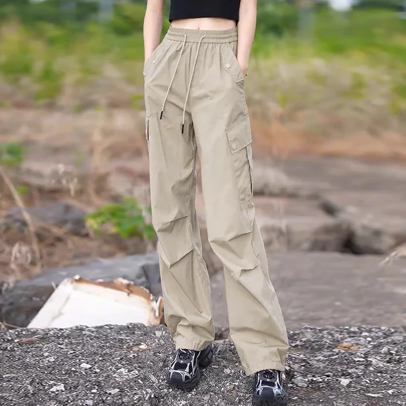 拉夏贝尔美式设计感工装裤女2025年夏季松紧腰宽松休闲运动风长裤