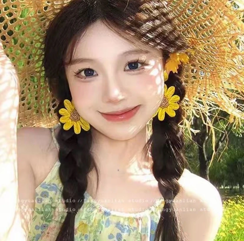 合金耳饰 夏威夷海边度假风编织花朵太阳花耳钉拍照出片