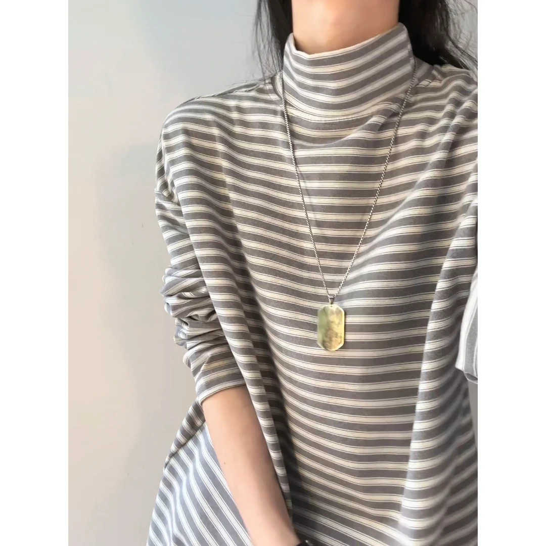 条纹高领长袖t恤男秋季美式复古重磅德绒打底衫秋冬款设计感卫衣