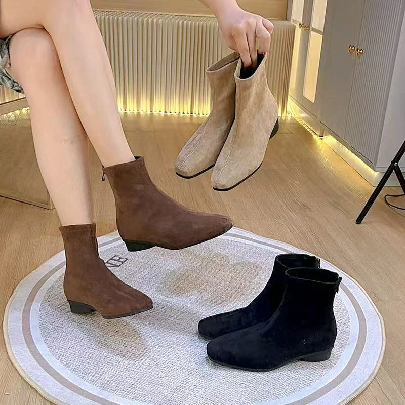 2025年秋冬新款时尚方头女套筒粗跟短靴靴子瘦瘦靴法式内增高百搭