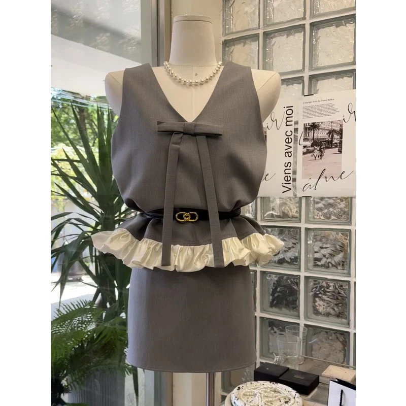 2025夏季新款韩版设计感撞色西装短裙套装蝴蝶结上衣温柔两件套女