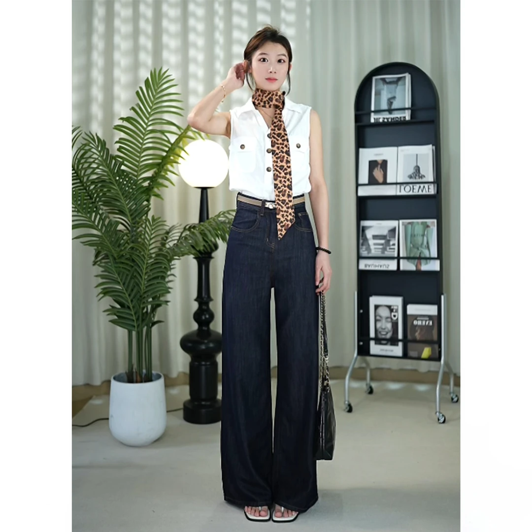 夏季薄款丹宁蓝莱赛尔高腰A字阔腿牛仔裤女高腰宽松垂感拖地裤